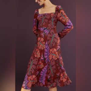 COPY - Farm Rio Red Delicate Leaves Midi Dress S Small